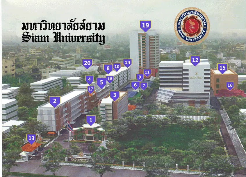 Siam University campus map showing numbered university buildings